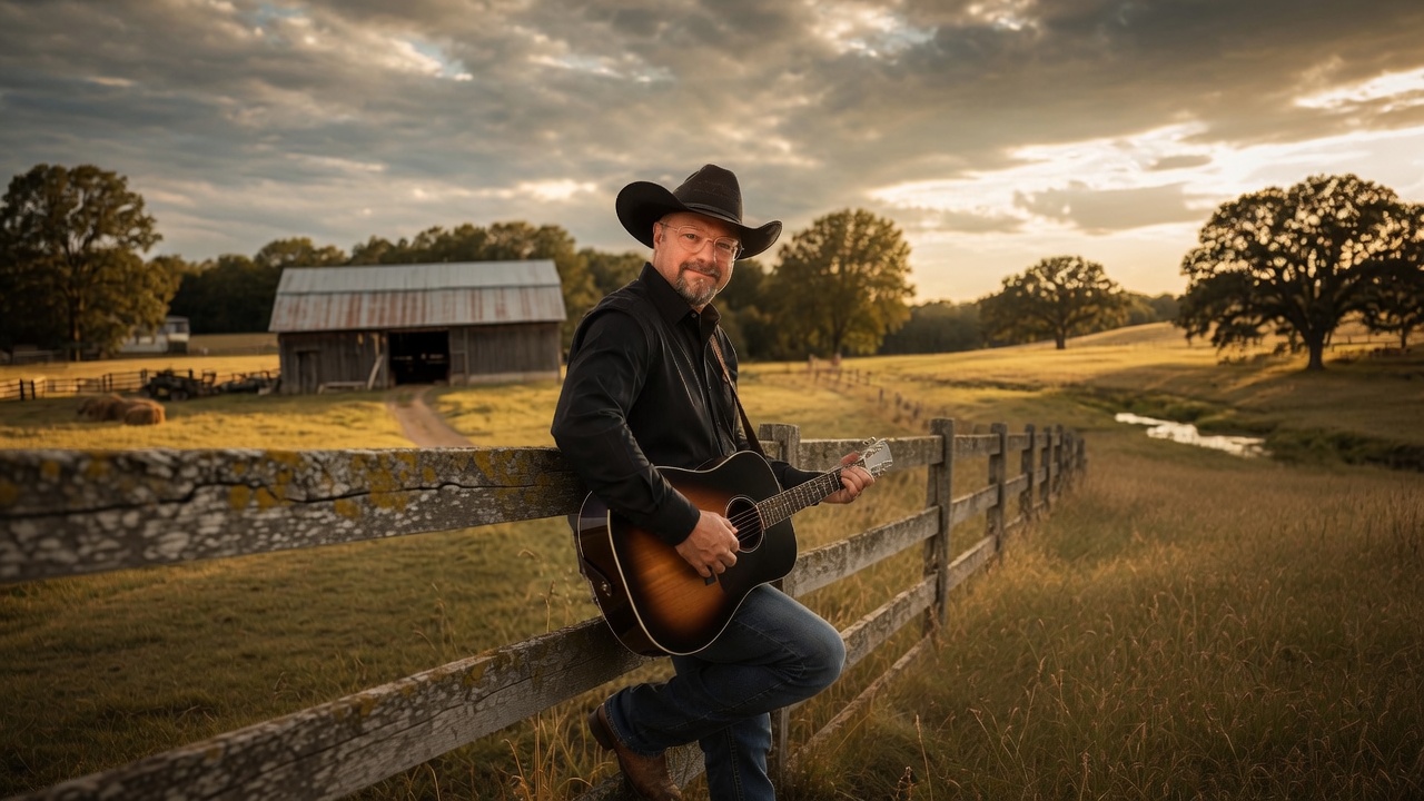 Chad Sanders with guitar, wide shot