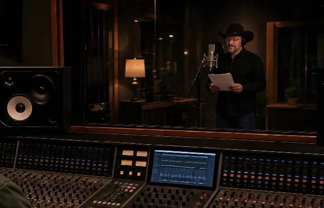 Chad Sanders in a warm vintage studio with neon star, guitars, and mixing board