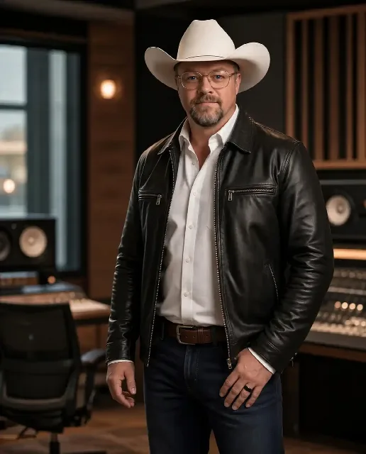 Chad Sanders studio portrait, white cowboy hat and leather jacket