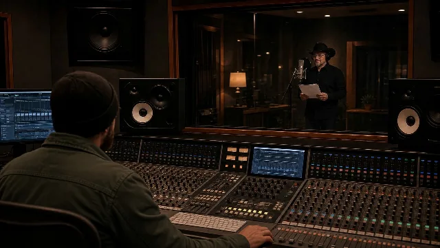 Chad Sanders recording in a studio booth with headphones, producer visible