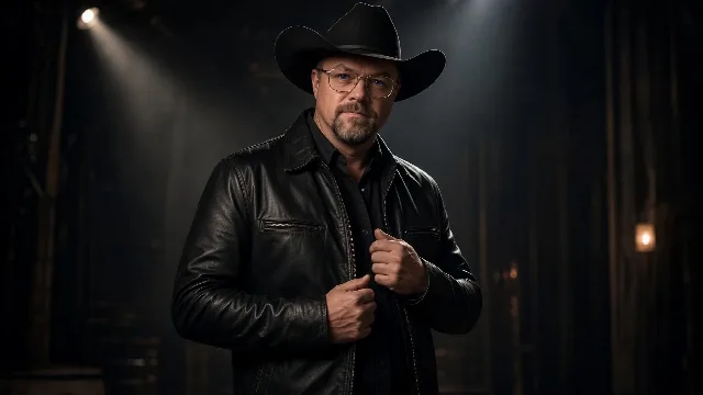Chad Sanders under a dramatic spotlight in a dark barn, leather jacket