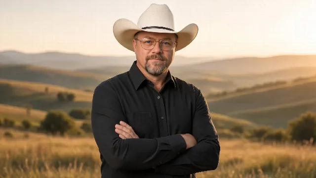 Chad Sanders with white cowboy hat, arms crossed, golden hour rolling hills behind him