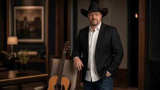 Chad Sanders in an upscale room leaning on a chair beside his acoustic guitar