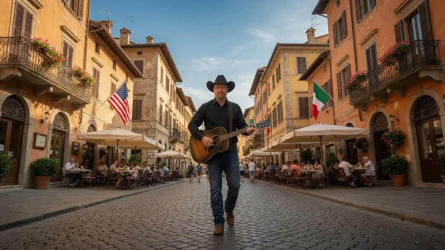Chad Sanders walking through an Italian piazza, cinematic wide shot