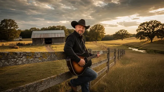 Chad Sanders with guitar on an Alabama fence, dramatic golden-hour sky